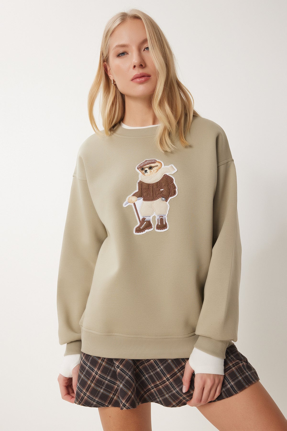 Kil Yeşili Ayıcık Armalı Şardonlu Örme Sweatshirt WE00001
