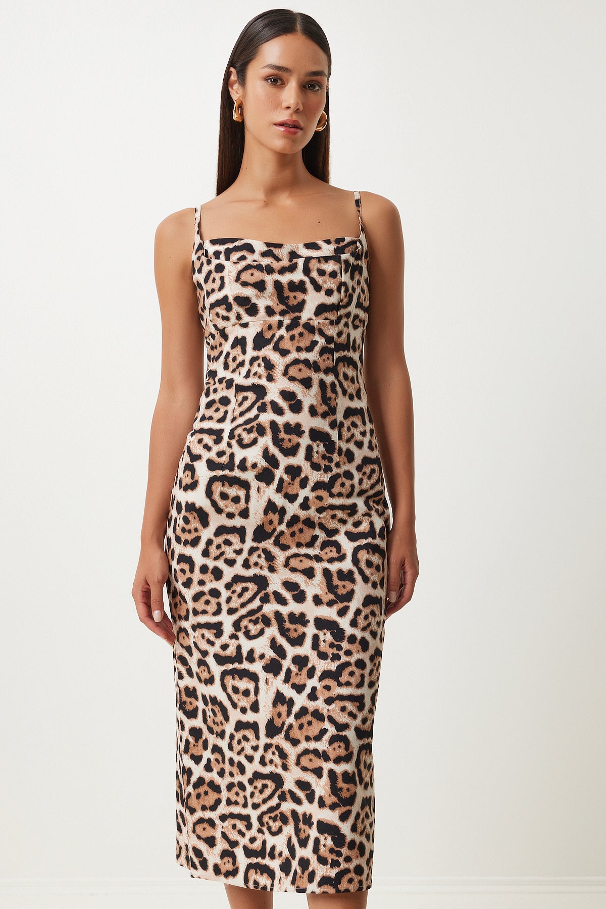 Siyah Bej Leopar Desenli Askılı Midi Elbise KJ00013