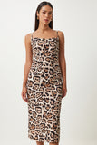 Siyah Bej Leopar Desenli Askılı Midi Elbise KJ00013