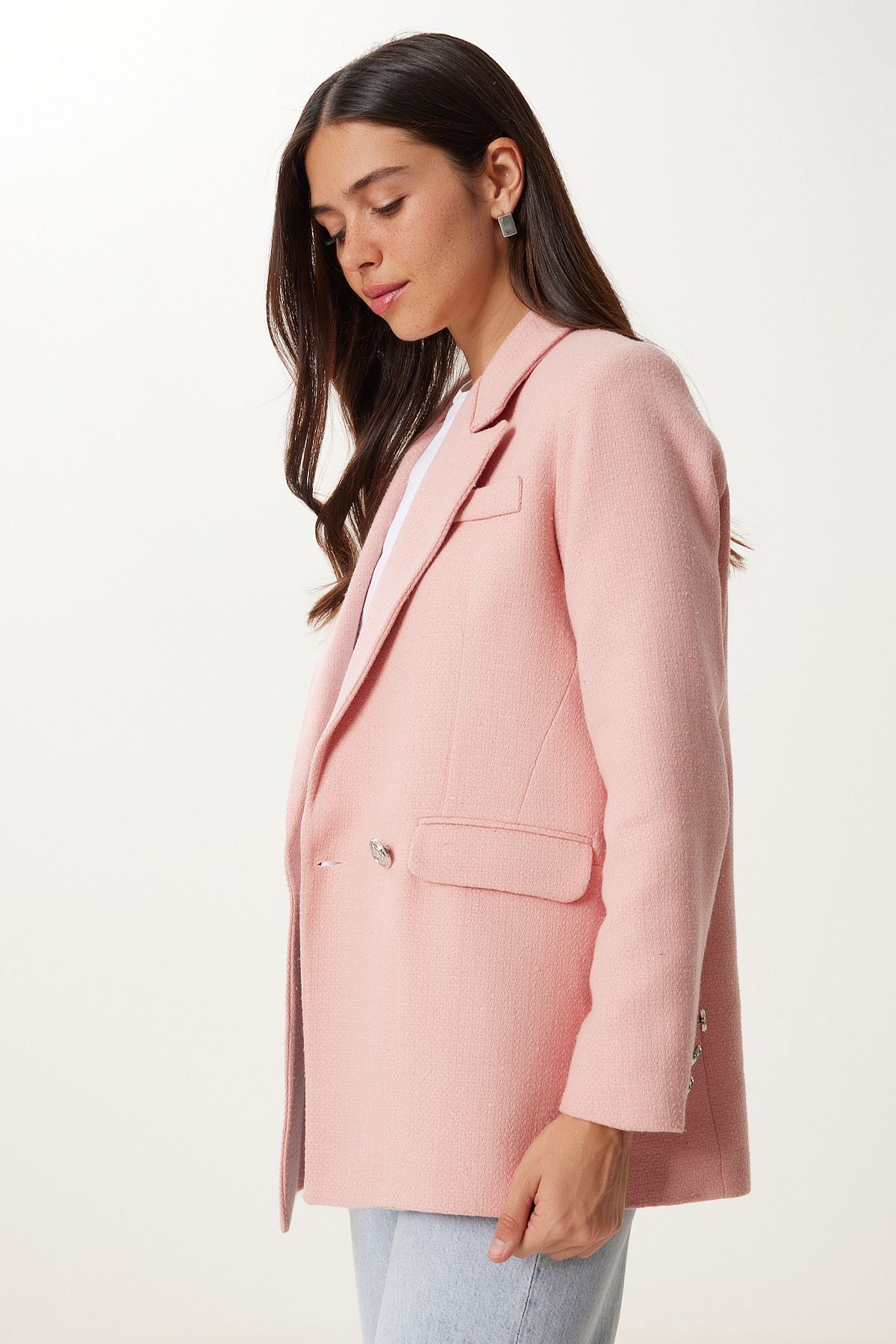 Pembe Vatkalı Şık Düğmeli Tüvit Blazer Ceket XL00005