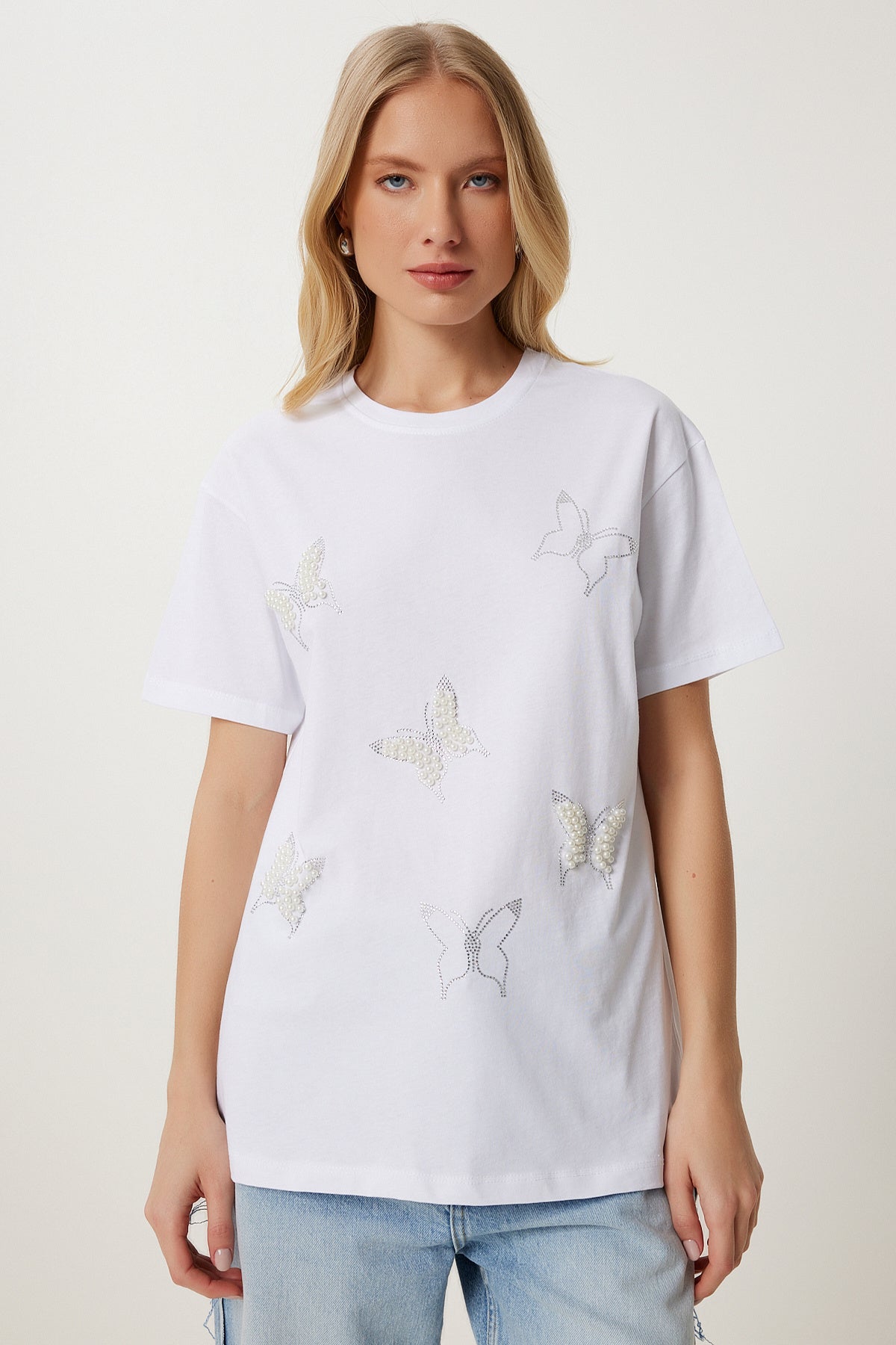 Beyaz İncili Kelebek Taşlı Örme T-Shirt MP00033