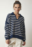 Lacivert Polo Yaka Crop Triko Kazak  US00293