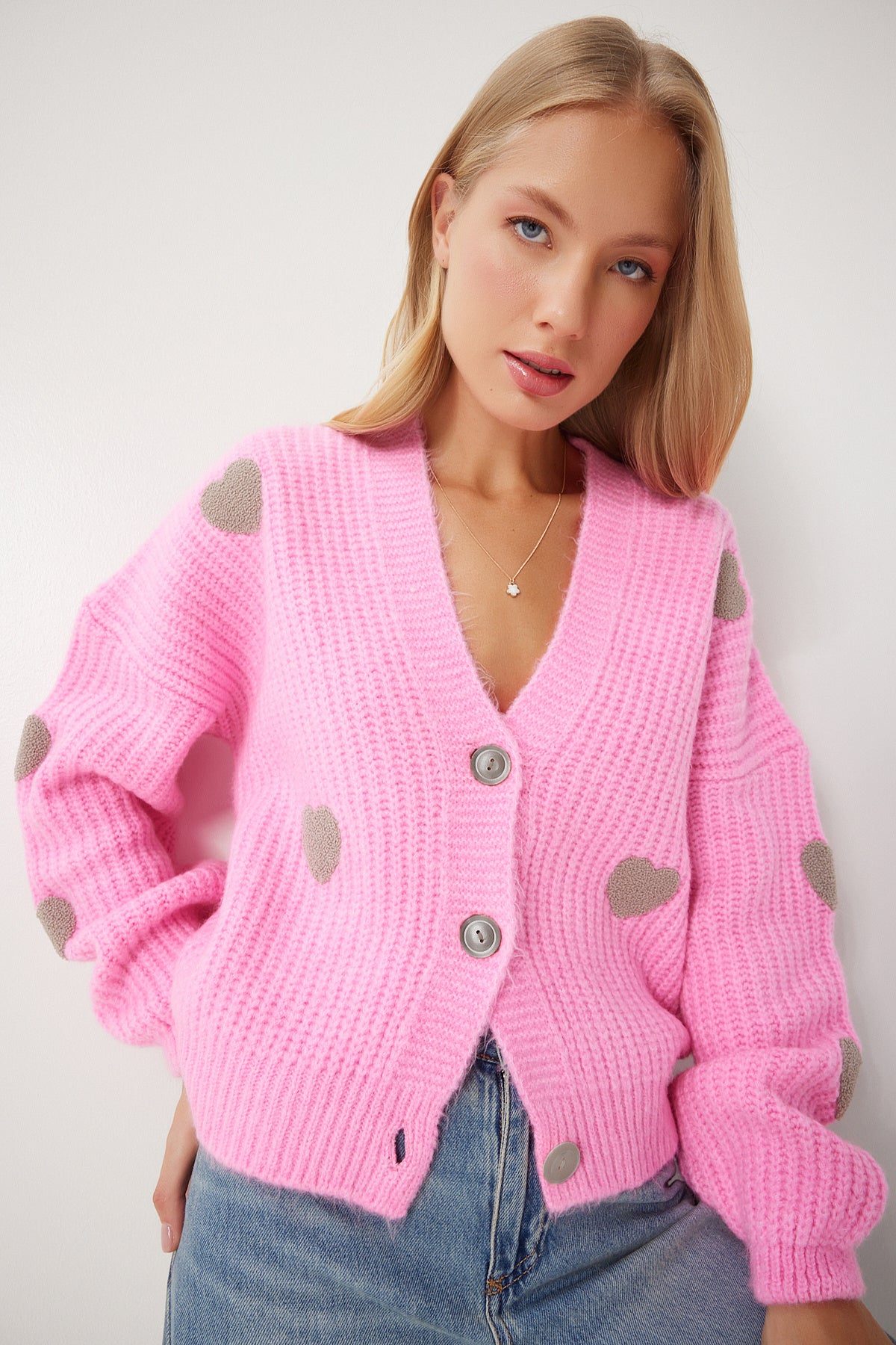Pembe Kalp Motifli Oversize Triko Hırka PF00084