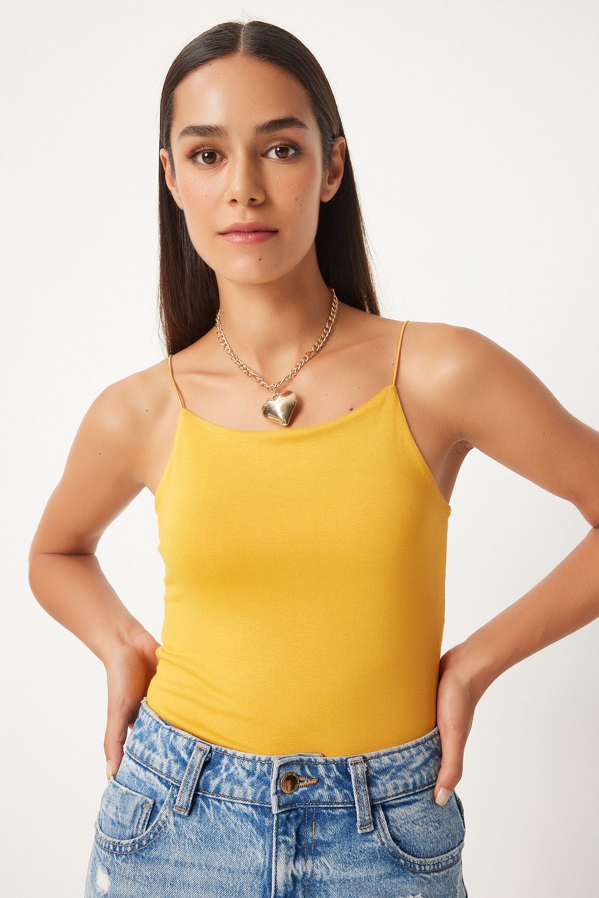 Koyu Sarı İp Askılı Örme Body Bluz LD00018