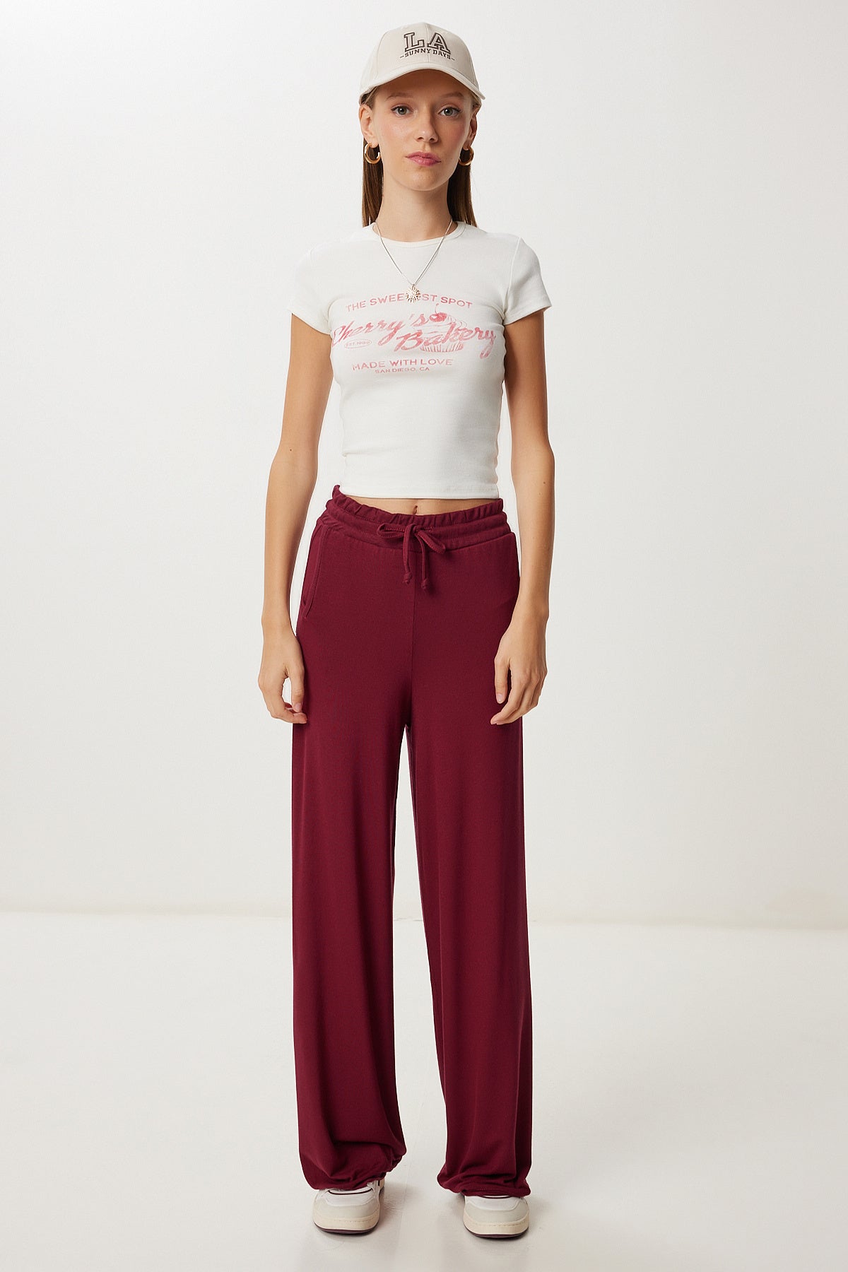Bordo Cepli Geniş Paça Örme Pantolon UB00470
