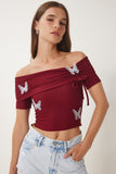 Bordo Carmen Yaka Kelebek Detaylı Örme Bluz FW00008