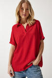 Kırmızı Polo Yaka Örme Krinkıl Bluz DD01299