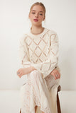 Krem İspanyol Kol Ajurlu Crop Triko Kazak DM00105