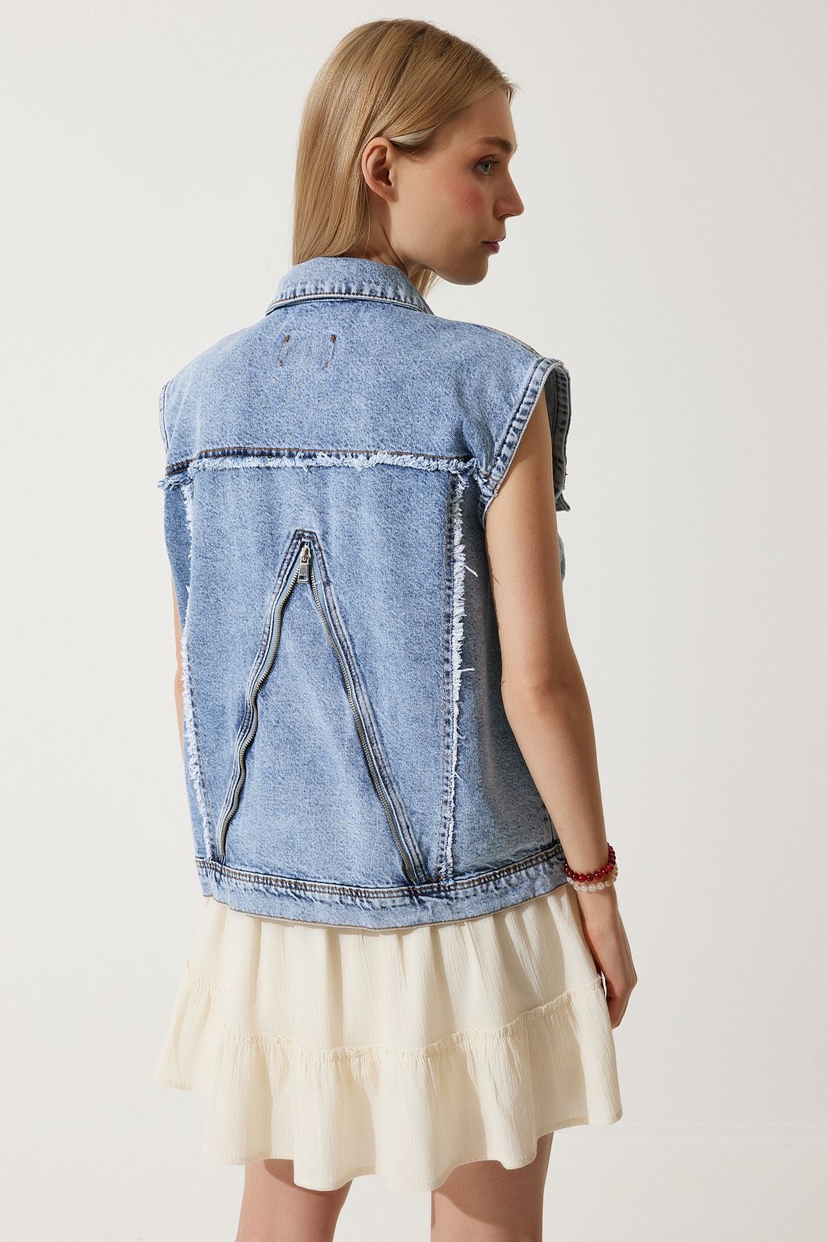 Orta Mavi Fermuar Detaylı Premium Tasarım Denim Yelek VC00006