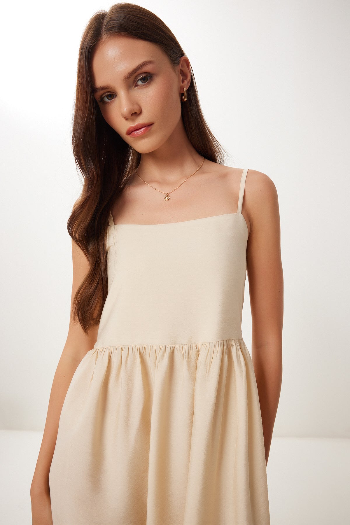 Krem Askılı Yazlık Midi Ayrobin Elbise DD01357