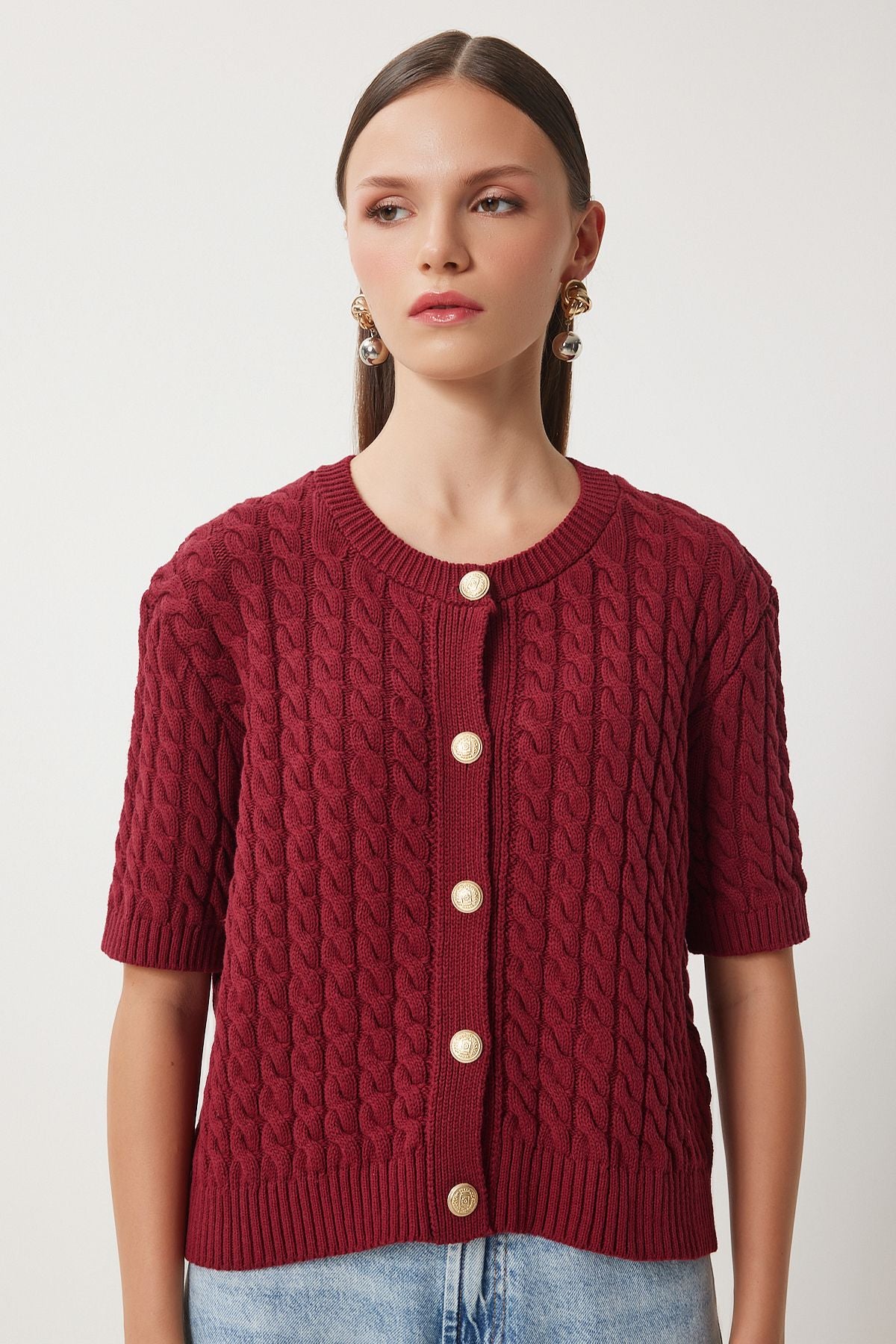 Bordo Bisiklet Yaka Saç Örgülü Triko Hırka US00946