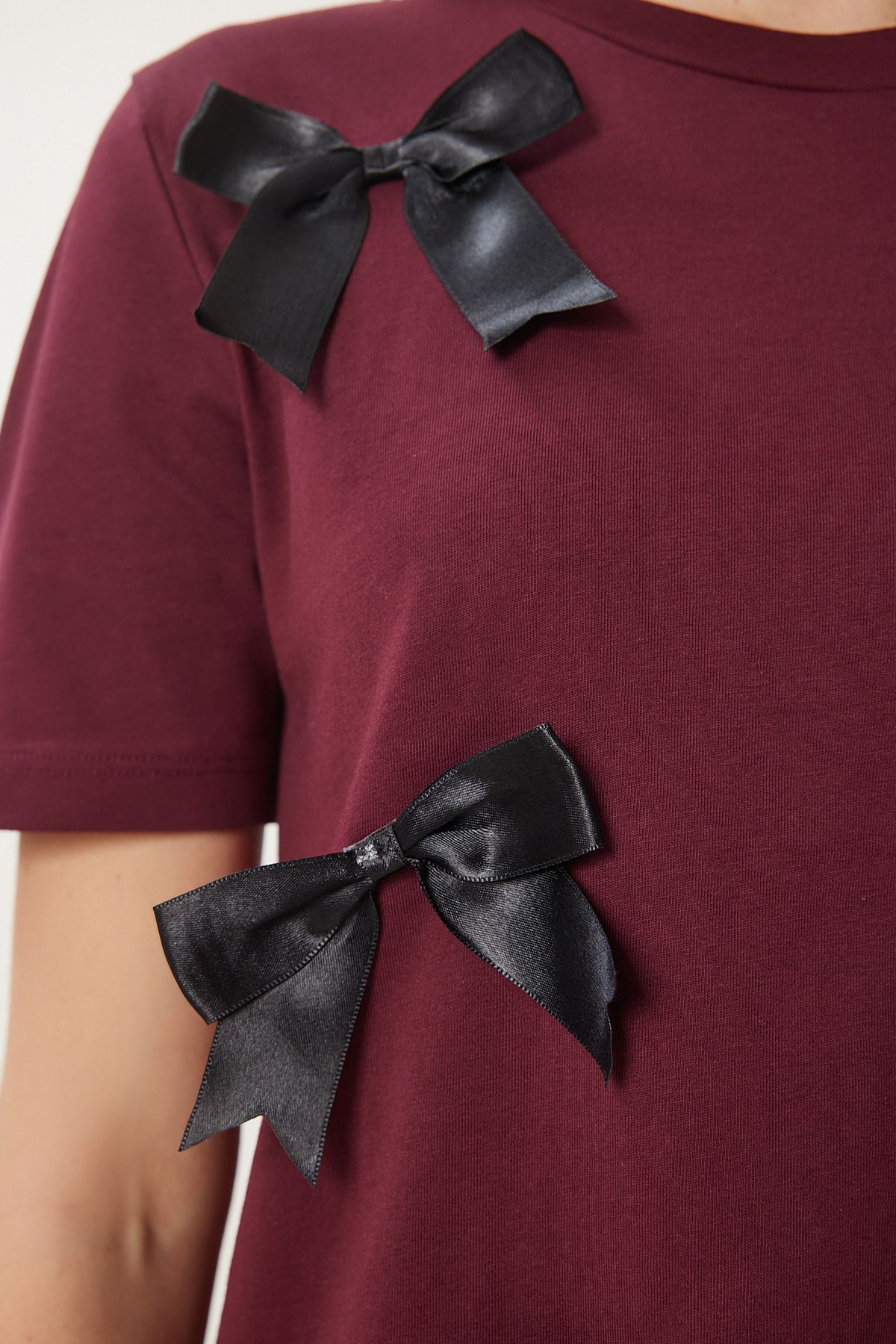 Bordo Fiyonklu Pamuklu Örme T-Shirt CR00453