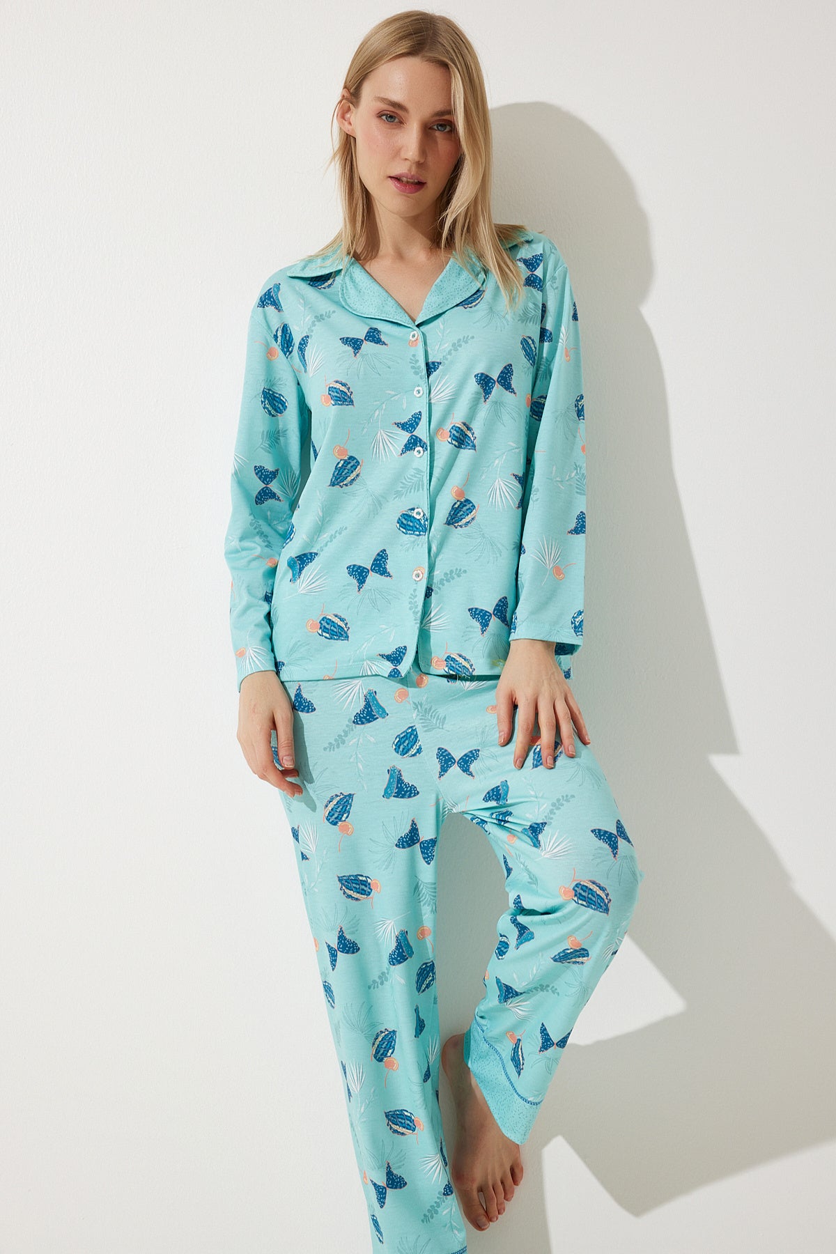 Su Yeşili Desenli Gömlek-Pantolon Örme Pijama Takımı TK00092