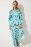 Su Yeşili Desenli Gömlek-Pantolon Örme Pijama Takımı TK00092