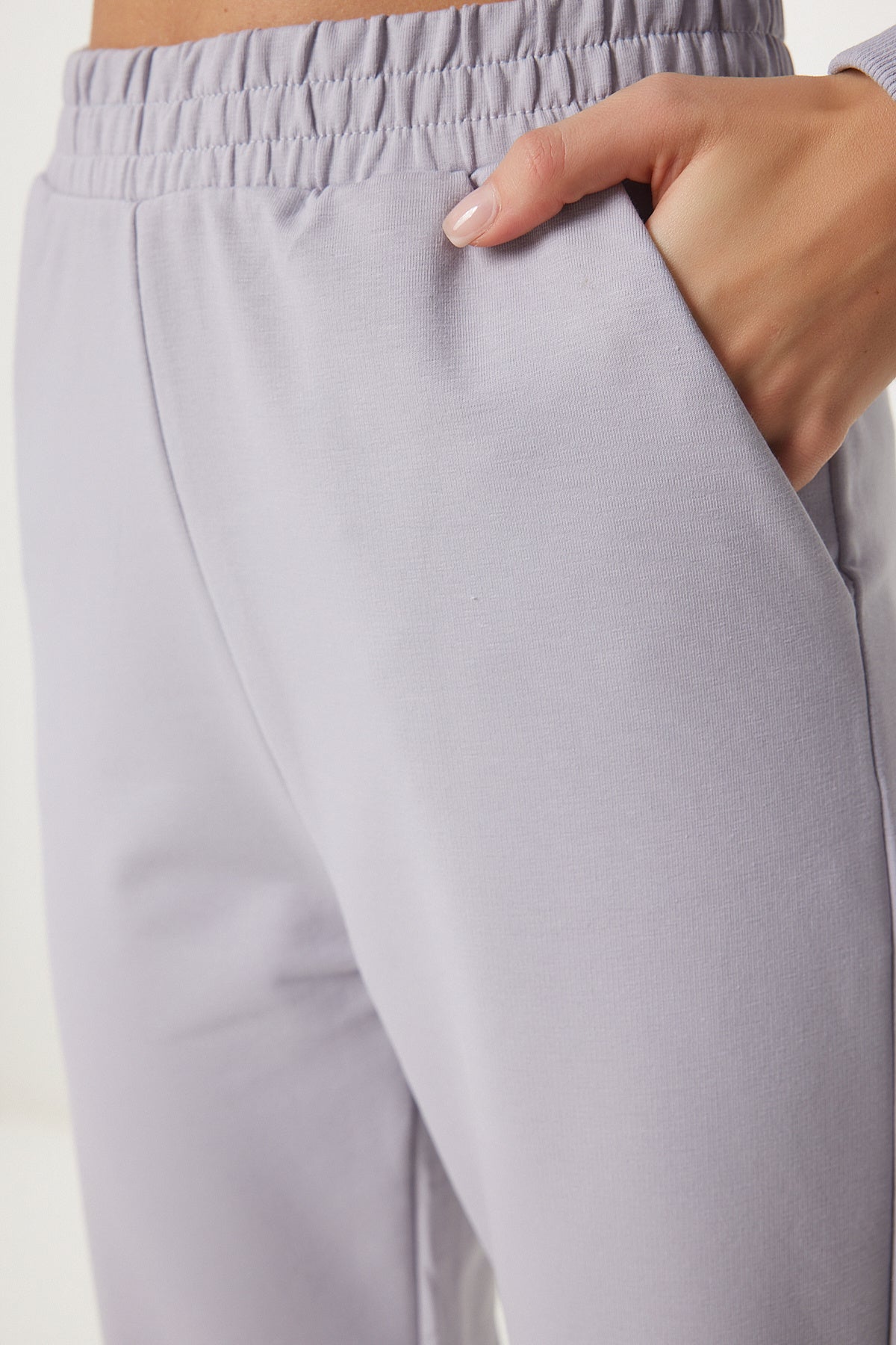 Taş Grisi Bisiklet Yaka Oversize Örme Eşofman Takımı FN03456