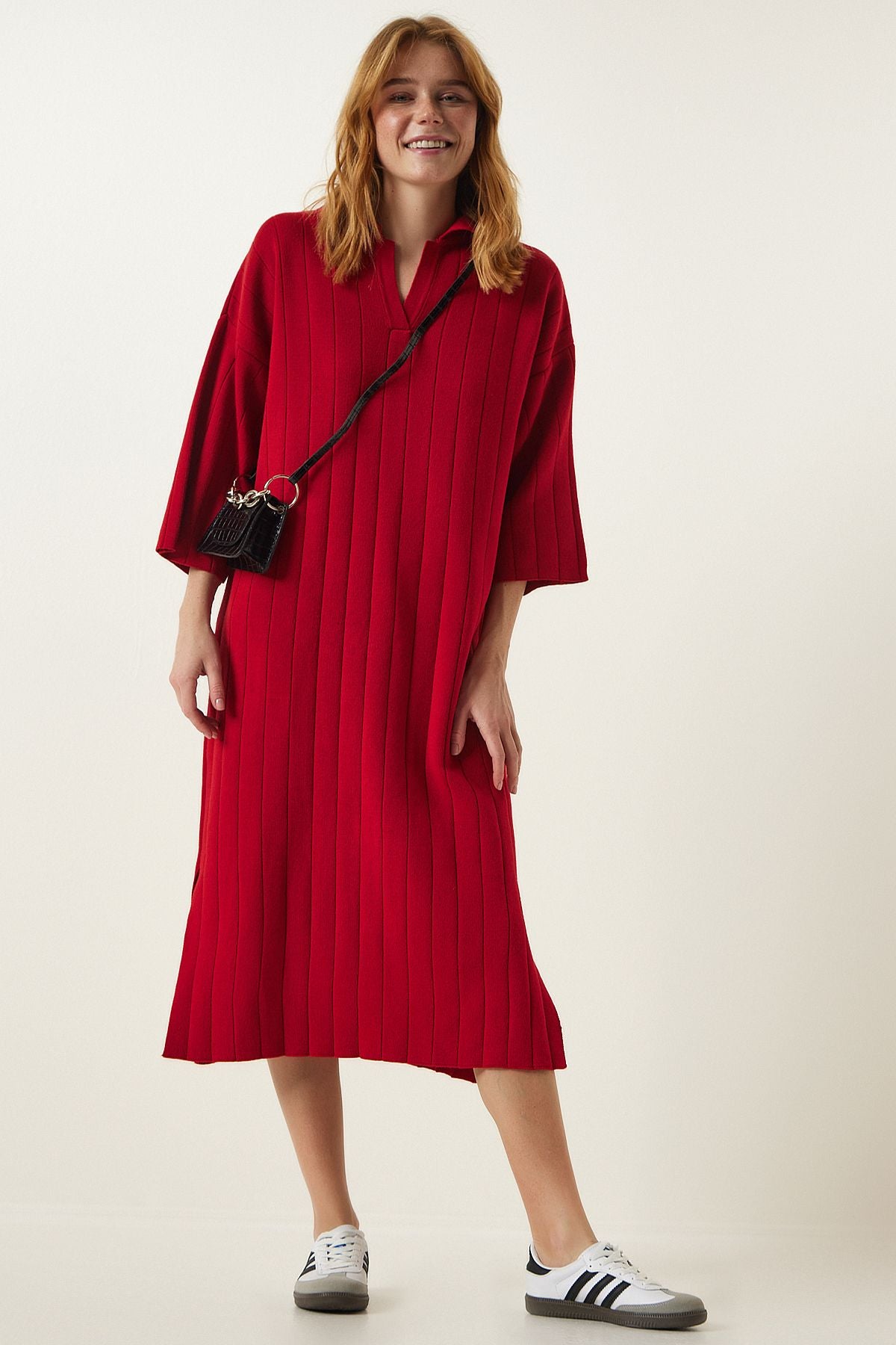 Kırmızı Polo Yaka Oversize Triko Elbise YY00178