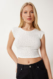 Ekru Taş Detaylı Crop Fitilli Örme Bluz MX00194