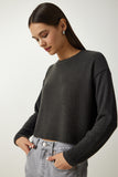 Antrasit Yumuşak Dokulu Crop Örme Bluz UB00214