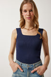 Lacivert Kare Yaka Triko Crop Bluz US00358