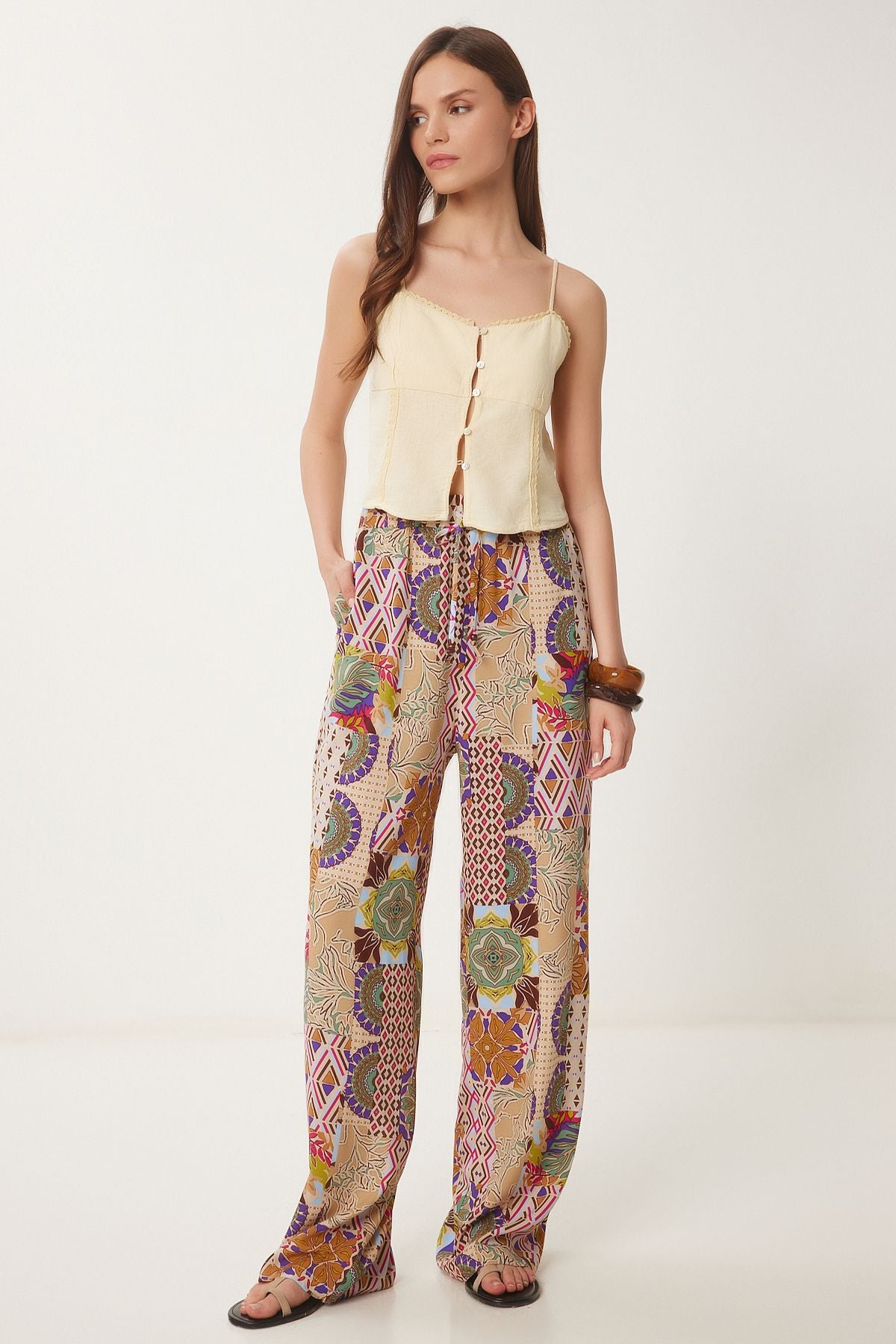 Krem Pembe Desenli Yazlık Geniş Paça Pantolon CR00489