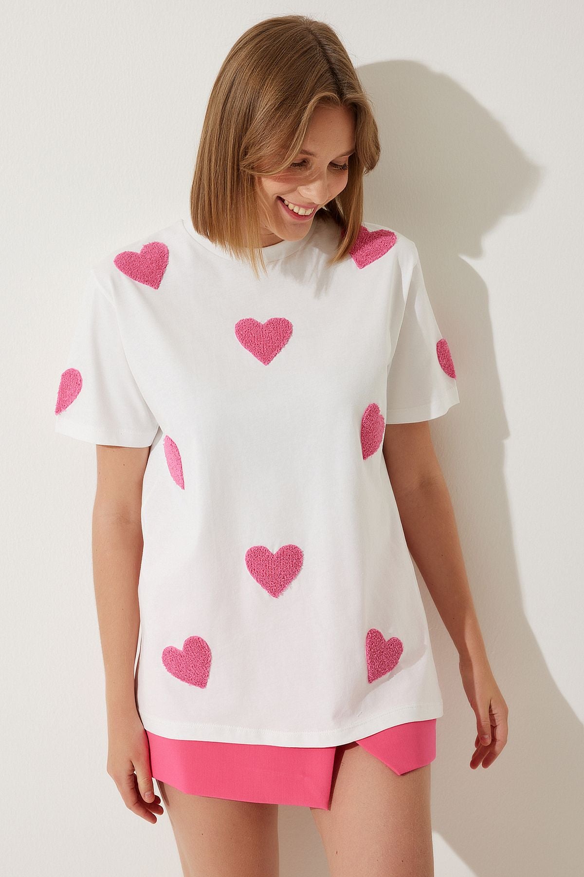 Beyaz Dokulu Kalpli Oversize Örme T-Shirt CR00433