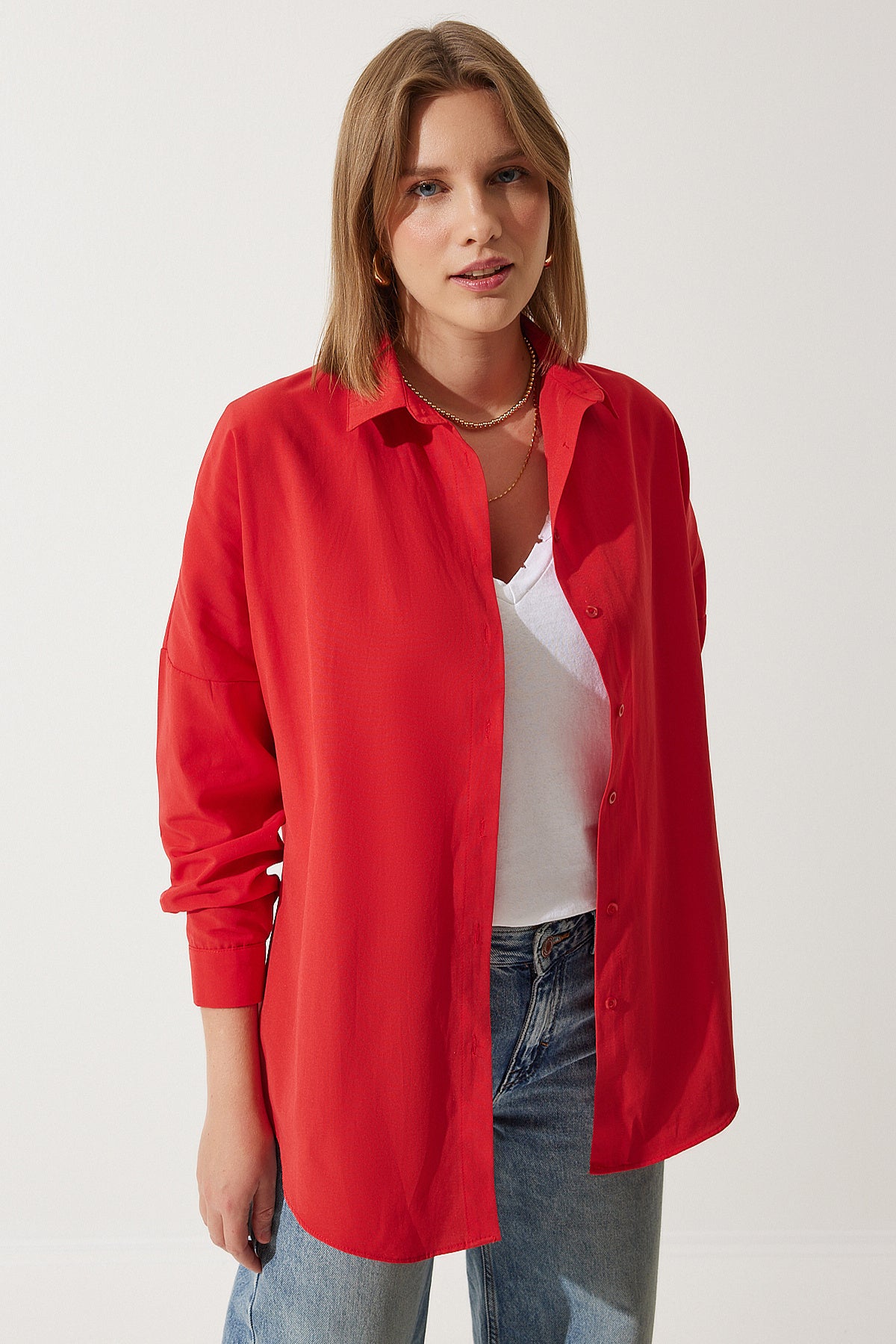 Orta Kırmızı Oversize Uzun Basic Gömlek DD00842