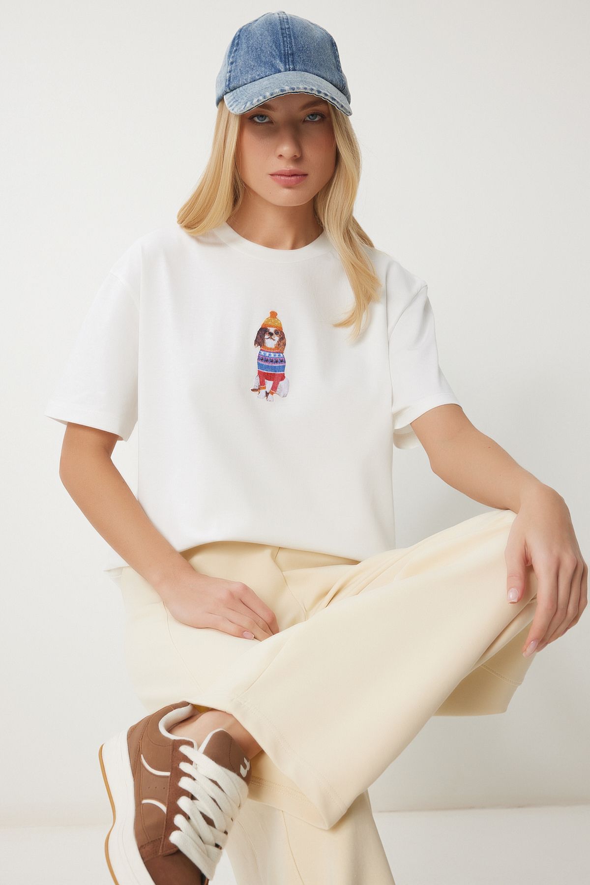 Ekru Armalı Pamuklu Örme T-shirt CR00465