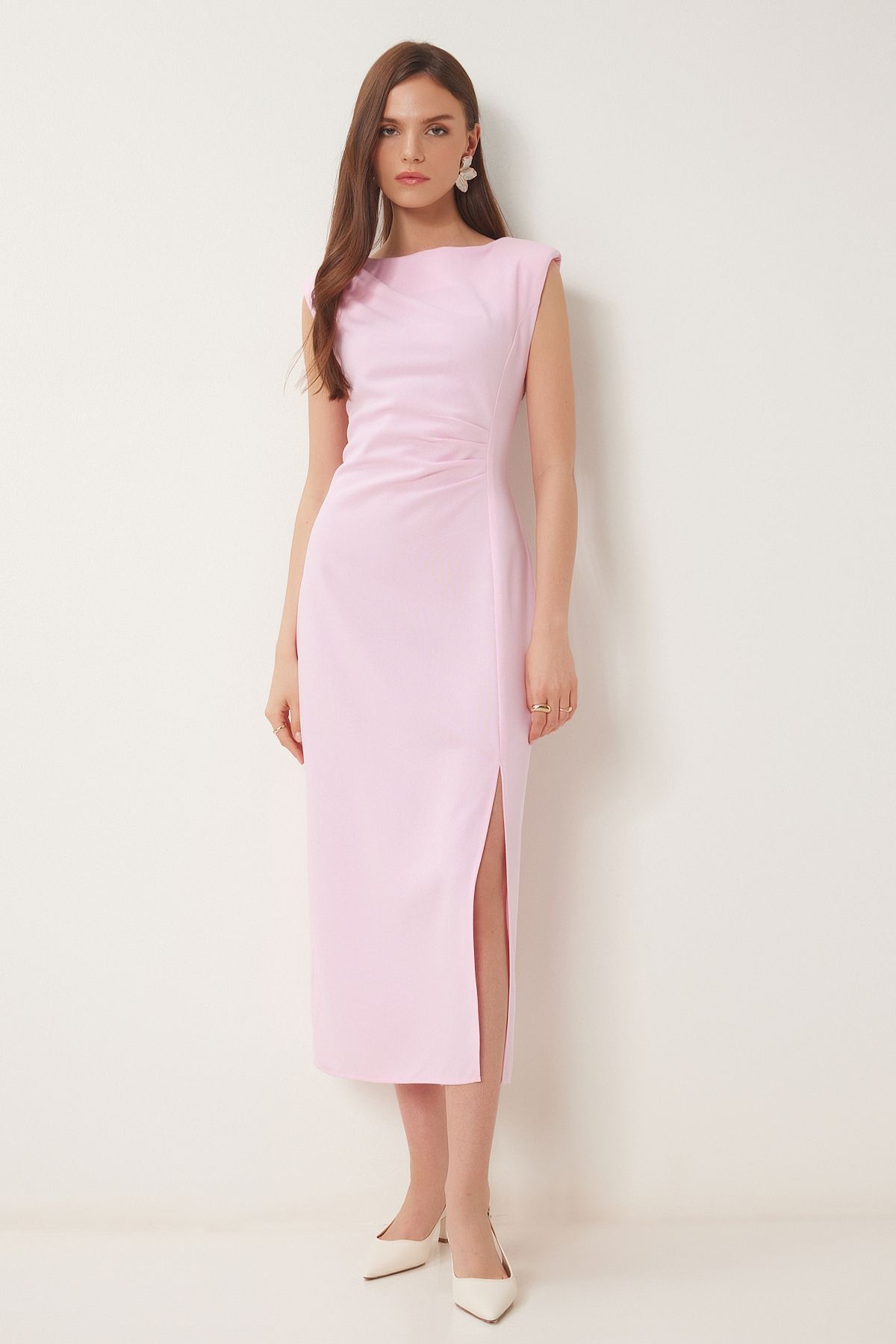 Pembe Vatkalı Drapeli Midi Dokuma Elbise WF00101