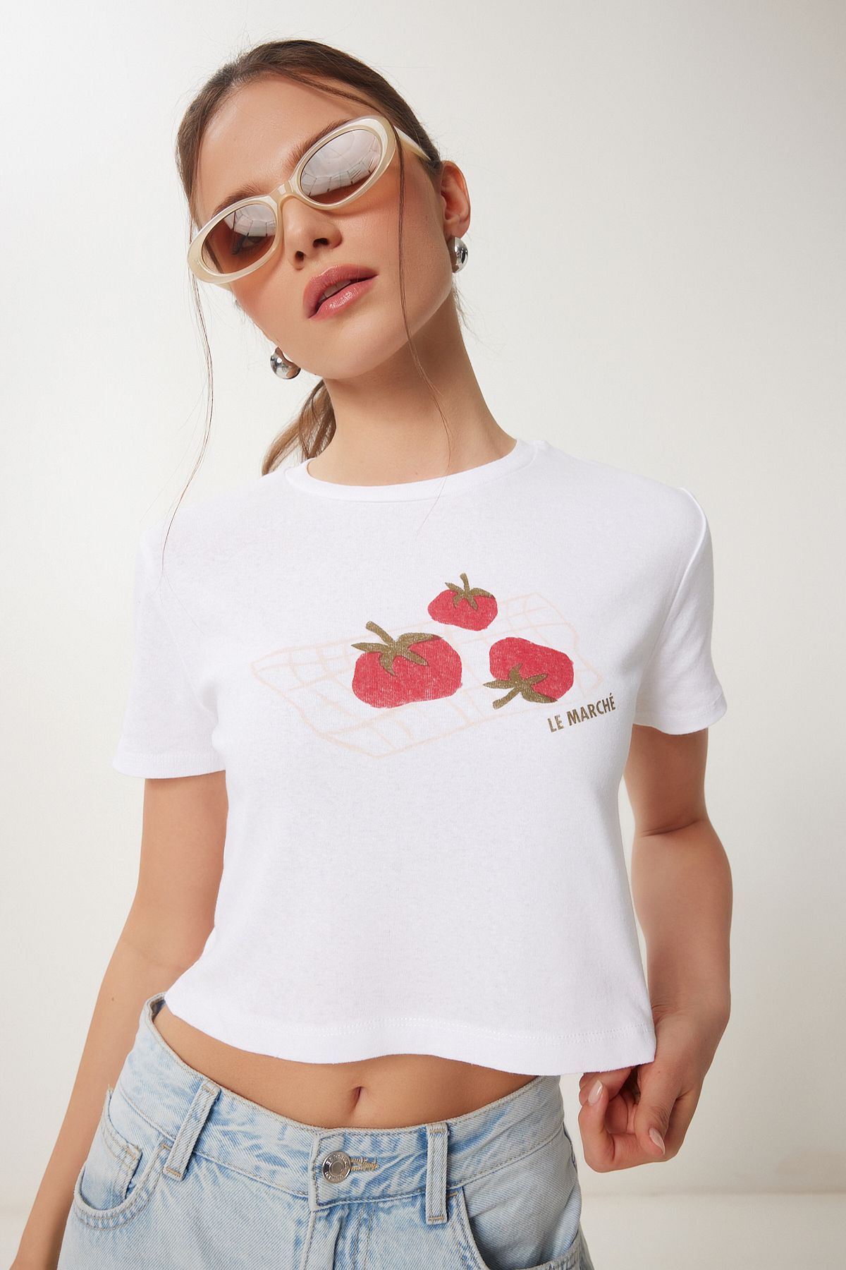 Beyaz Baskılı Crop Örme T-Shirt WO00053