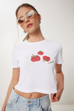 Beyaz Baskılı Crop Örme T-Shirt WO00053