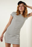 Beyaz Çizgili Örme Mini Elbise UB00227