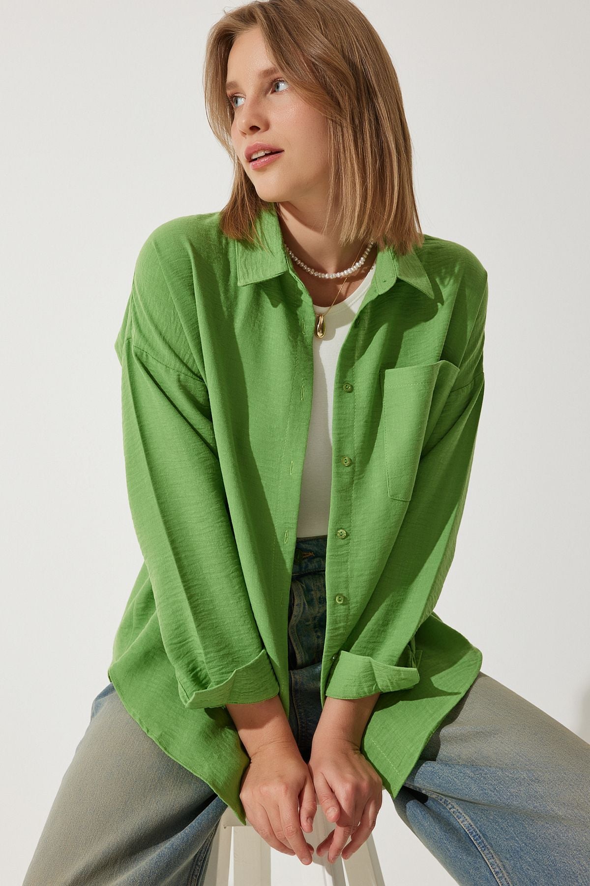 Koyu Çağla Yeşili Oversize Keten Ayrobin Gömlek DD01222