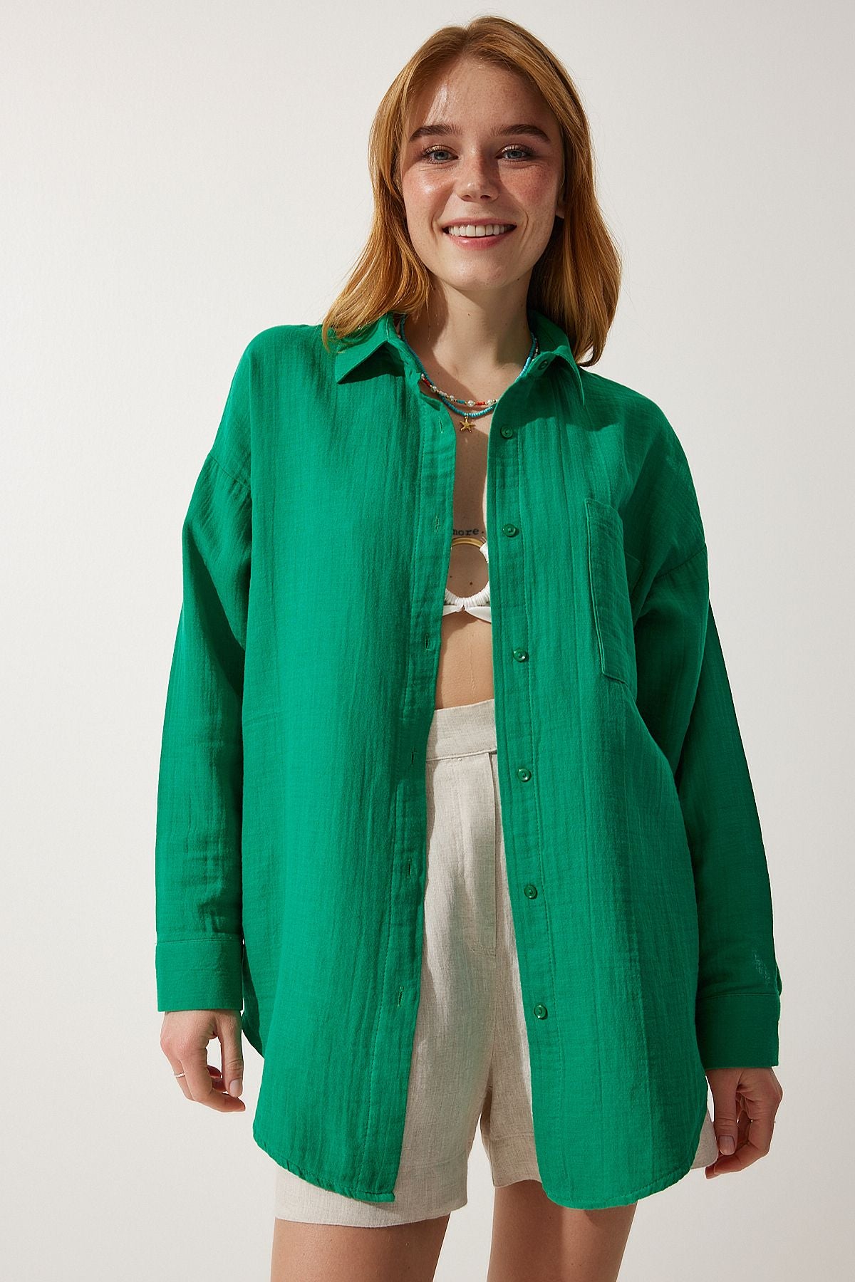 Yeşil Cepli Oversize Müslin Gömlek MX00150