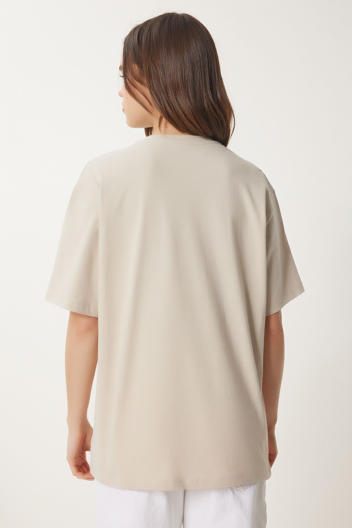 Krem Ayıcık Armalı Pamuklu Oversize Örme T-Shirt CR00452