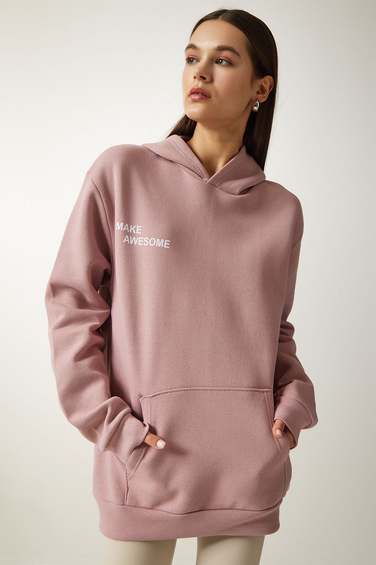 Pudra Kapüşonlu Şardonlu Örme Sweatshirt OW00009