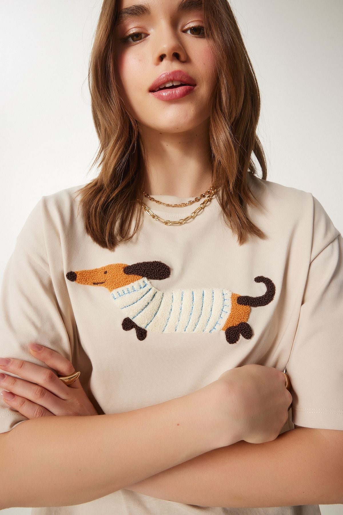 Krem Nakışlı Pamuklu Oversize Örme T-Shirt CR00457