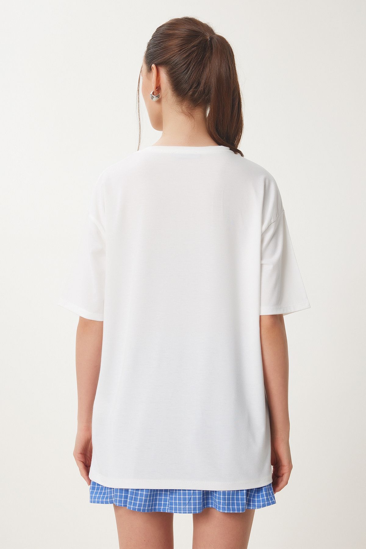 Ekru Baskılı Oversize Örme T-Shirt ZV00292