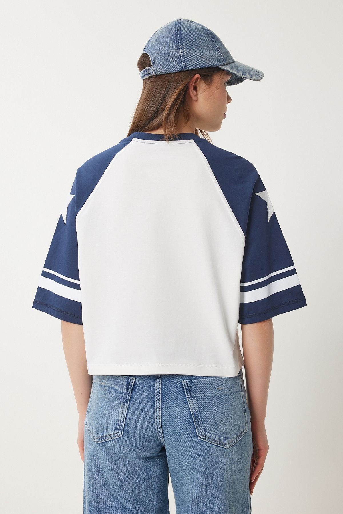 Lacivert Beyaz Sloganlı Pamuklu Örme T-Shirt CR00462