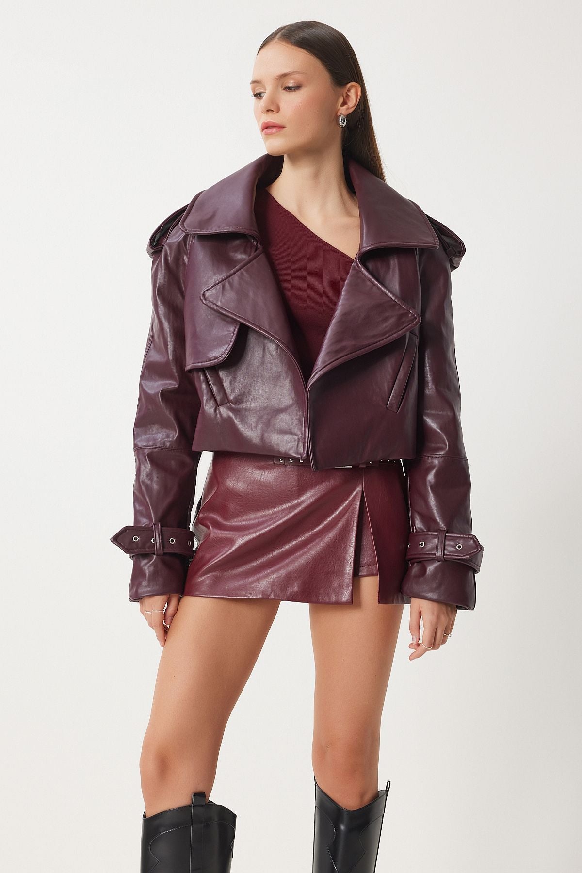 Bordo Oversize Suni Deri Ceket OH00059