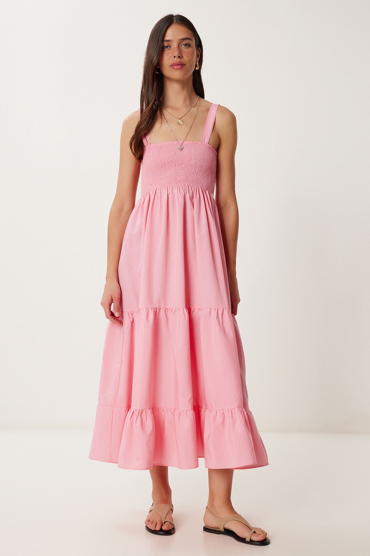 Pembe Askılı Volanlı Yazlık Elbise ZV00330