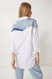 Beyaz İncili Denim Detaylı Oversize Poplin Gömlek ZH00052