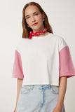 Beyaz Pembe Kareli Örme Crop T-Shirt TP00088