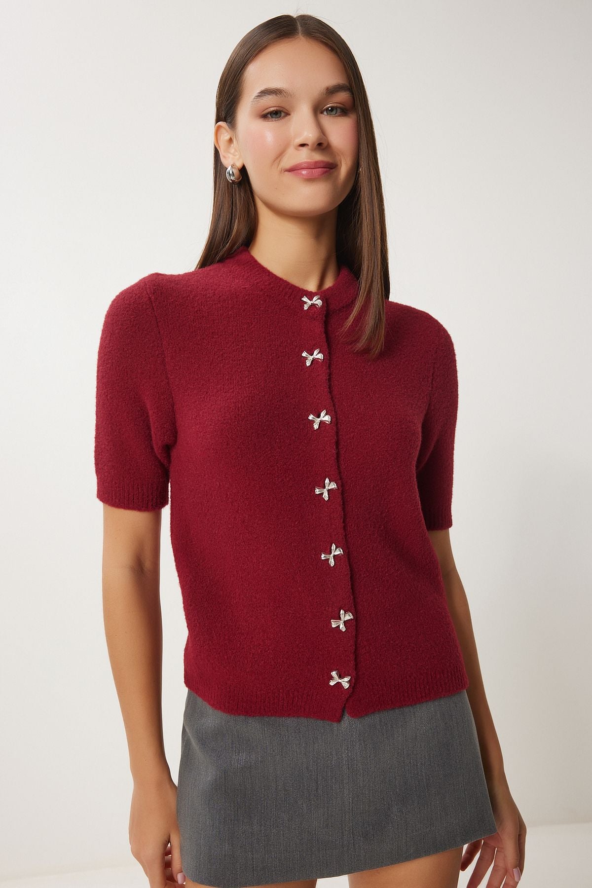 Bordo Şık Fiyonk Düğmeli Sakallı Triko Hırka DP00219