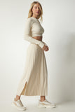 Krem Fitilli Triko Crop Etek Takım Kİ00106