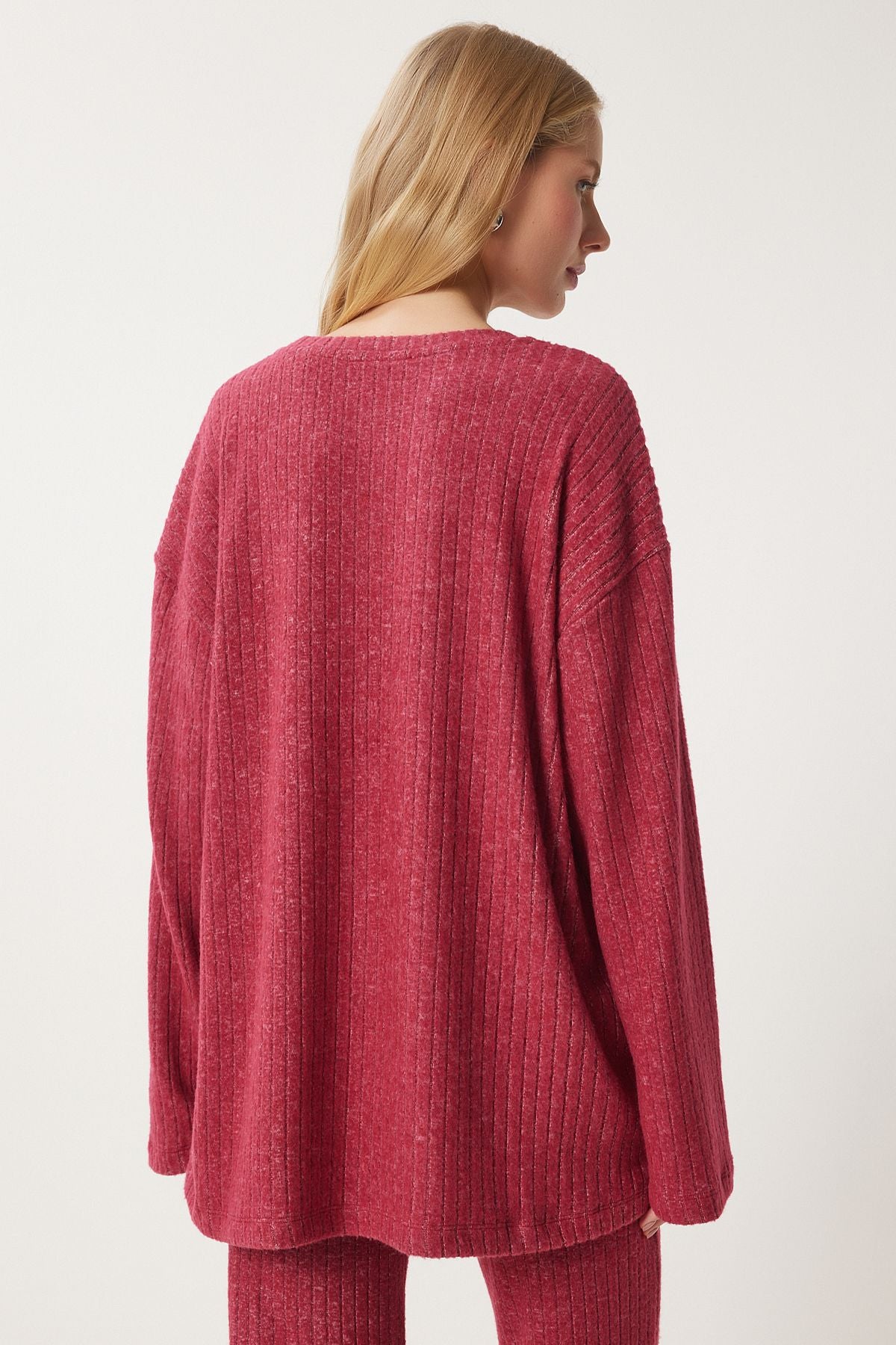Kırmızı Rahat Fitilli Örme Bluz Pantolon Takım RG00047