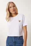 Beyaz Kalp Baskılı Pamuklu Kısa Örme T-Shirt AN00224