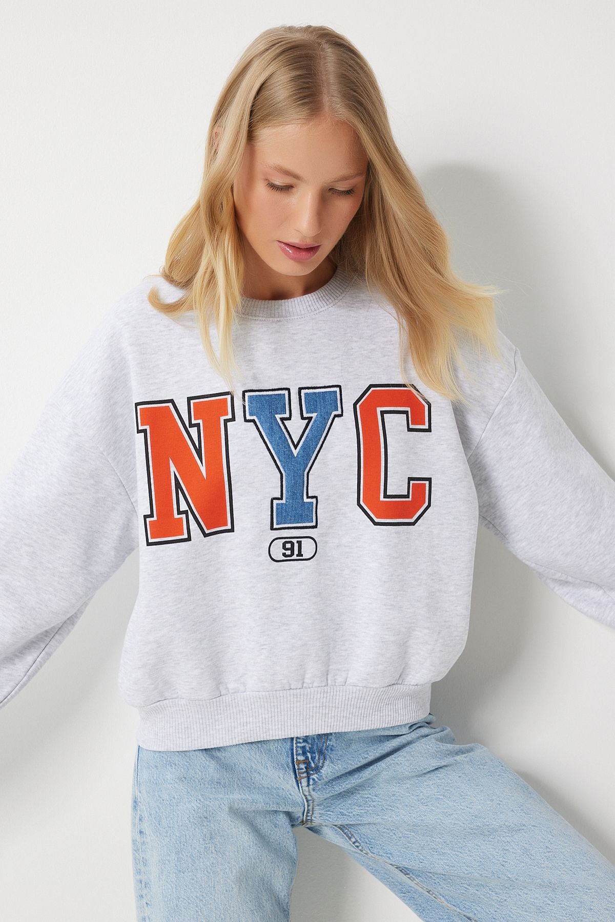 Gri Sloganlı Armalı Şardonlu Örme Sweatshirt MP00028