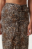 Siyah Bej Leopar Desenli Yırtmaçlı Midi Örme Etek UB00288