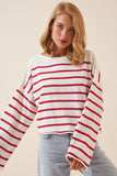Kırmızı Beyaz Çizgili Oversize Crop Triko Kazak  US00659