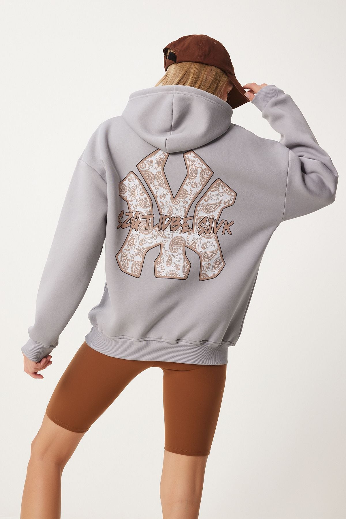 Gri Baskılı Kapüşonlu Oversize Örme Sweatshirt VN00009